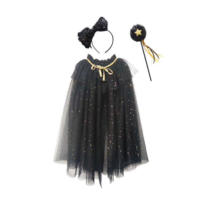 Black sequin tulle cape set-Black sequin tulle cape set-C046