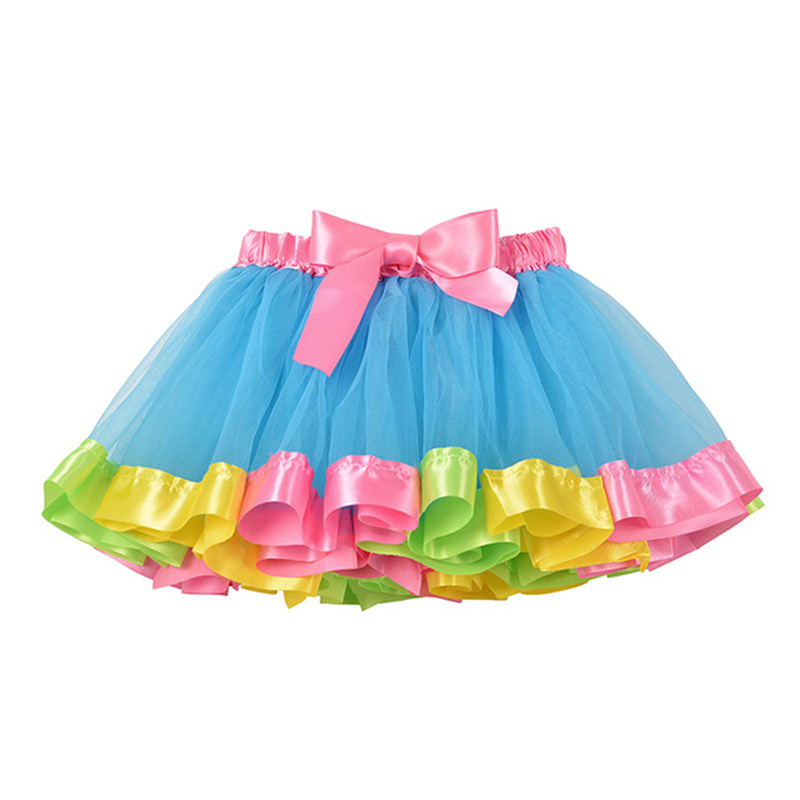 11021-Blue Rainbow Trim Bow Tulle Skirt