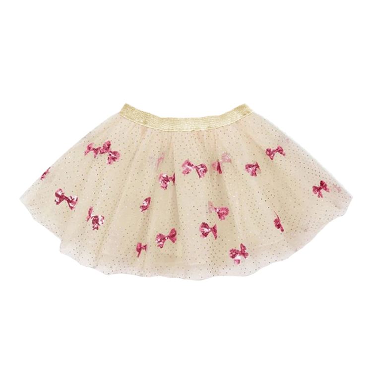11029-Girls Cream Tutu Skirt with Pink Glitter Bows