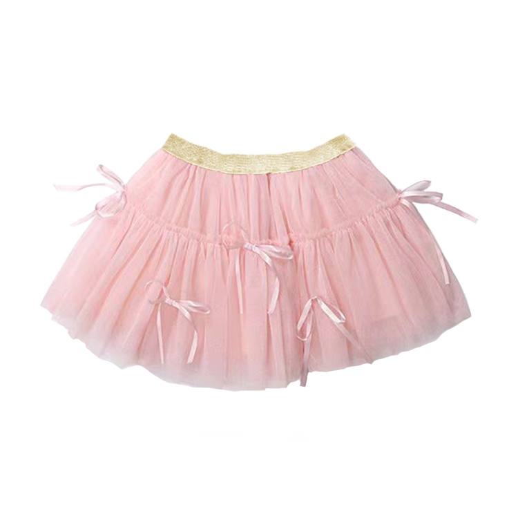 11030-Girls Pink Tulle Skirt with Satin Ribbon Bows