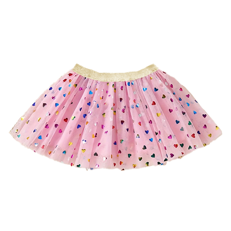 11039-Girls Pink Tulle Skirt with Rainbow Foil Hearts