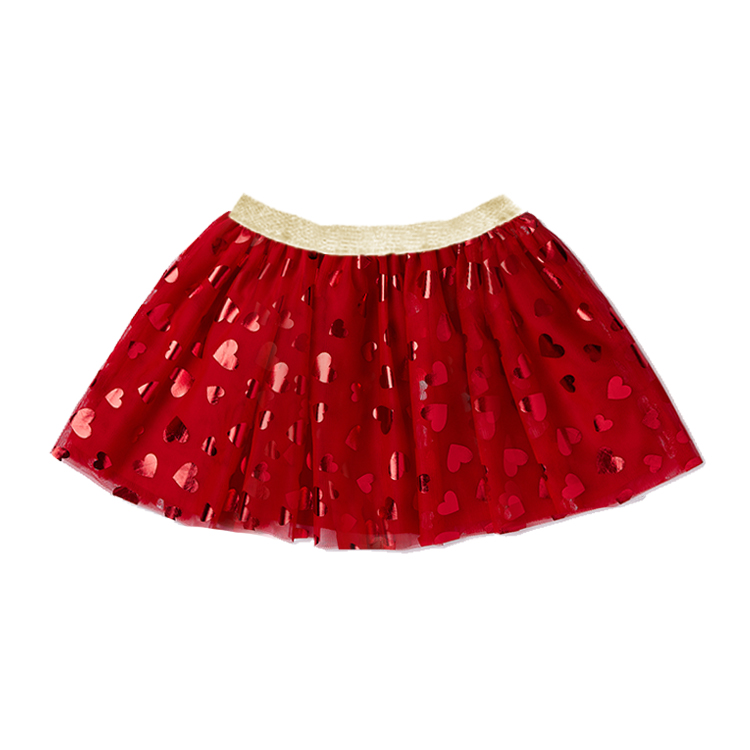 11040-Girls Red Tulle Skirt with Metallic Heart Print