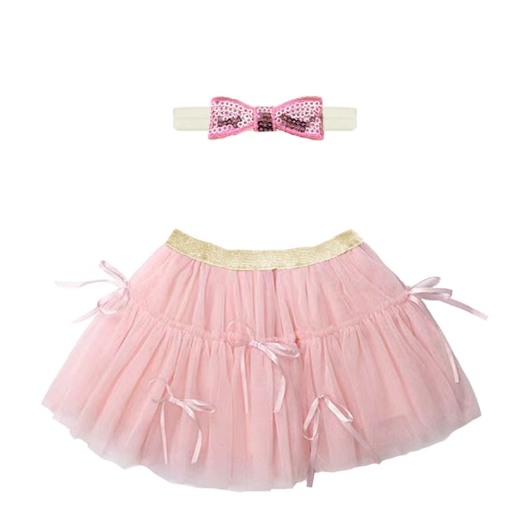 13020-Girls Pink Bow Tulle Skirt & Sequin Headband Set