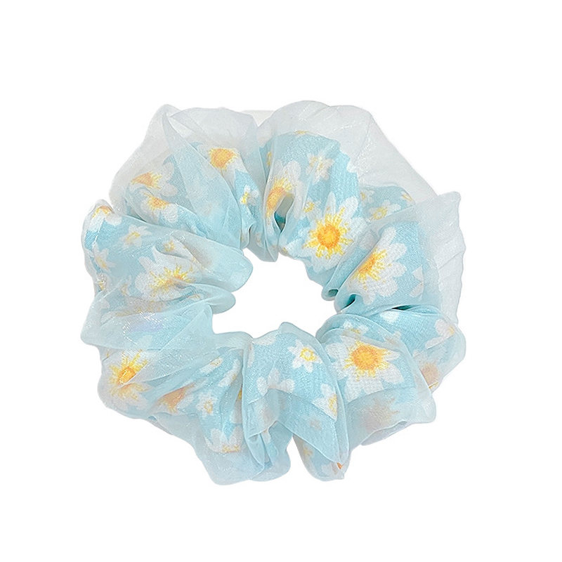 73012-Light Blue Daisy-Printed Mesh Scrunchie